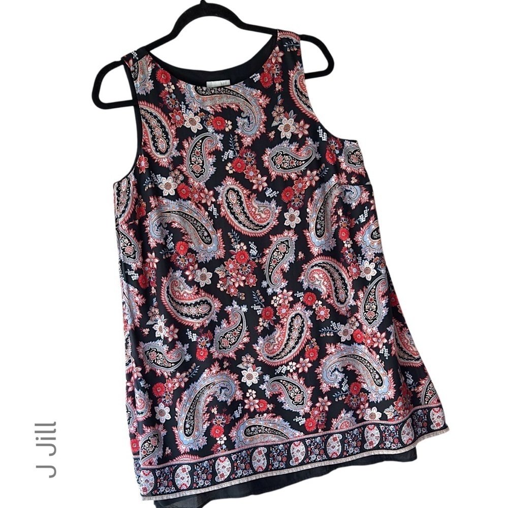 J JILL PAISLEY SPLIT BACK LAYERED BLACK TUNIC DRESS SLEEVELESS | SIZE: SMALL